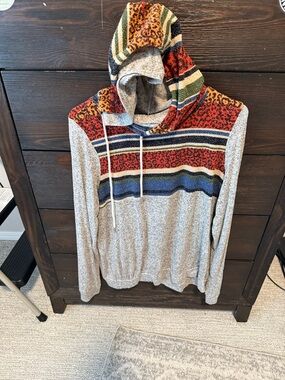 Lovely Melody Gray Hoodie Sweater with Red, Blue, Green & Yellow Stripes